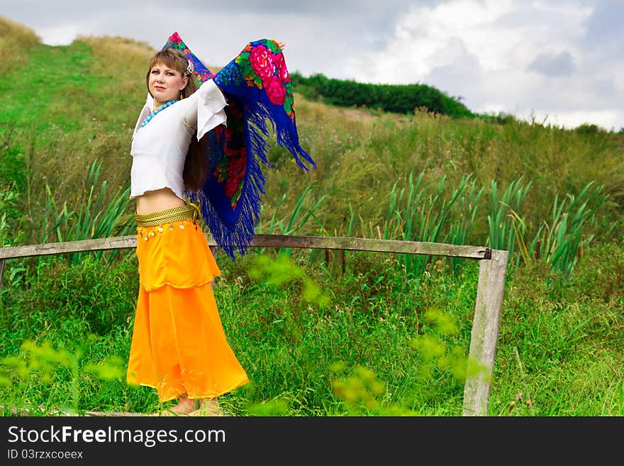 Beautiful russian girl with shawl outdoor