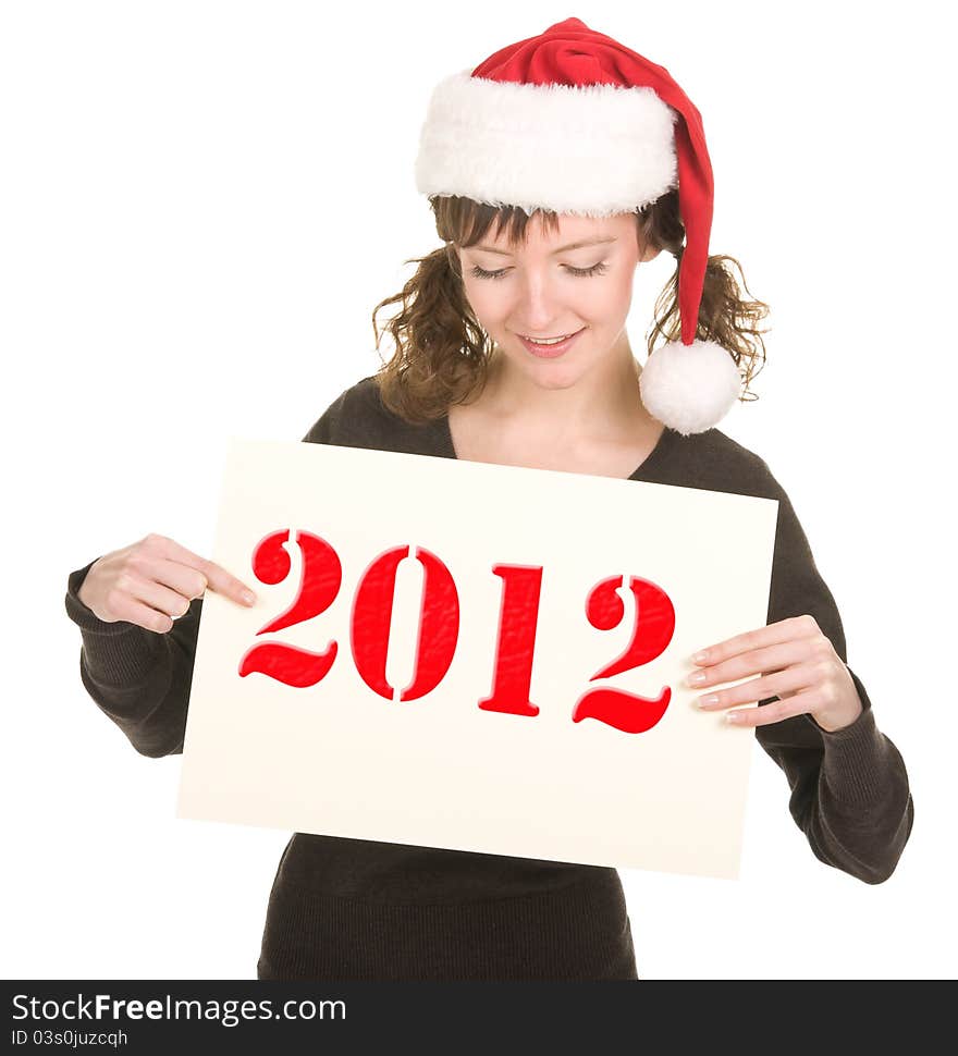 Young girl in Santa hat gesturing