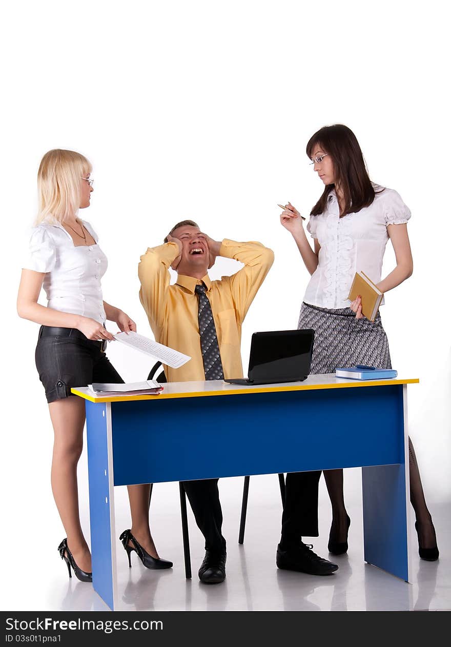 People in studio on a white background