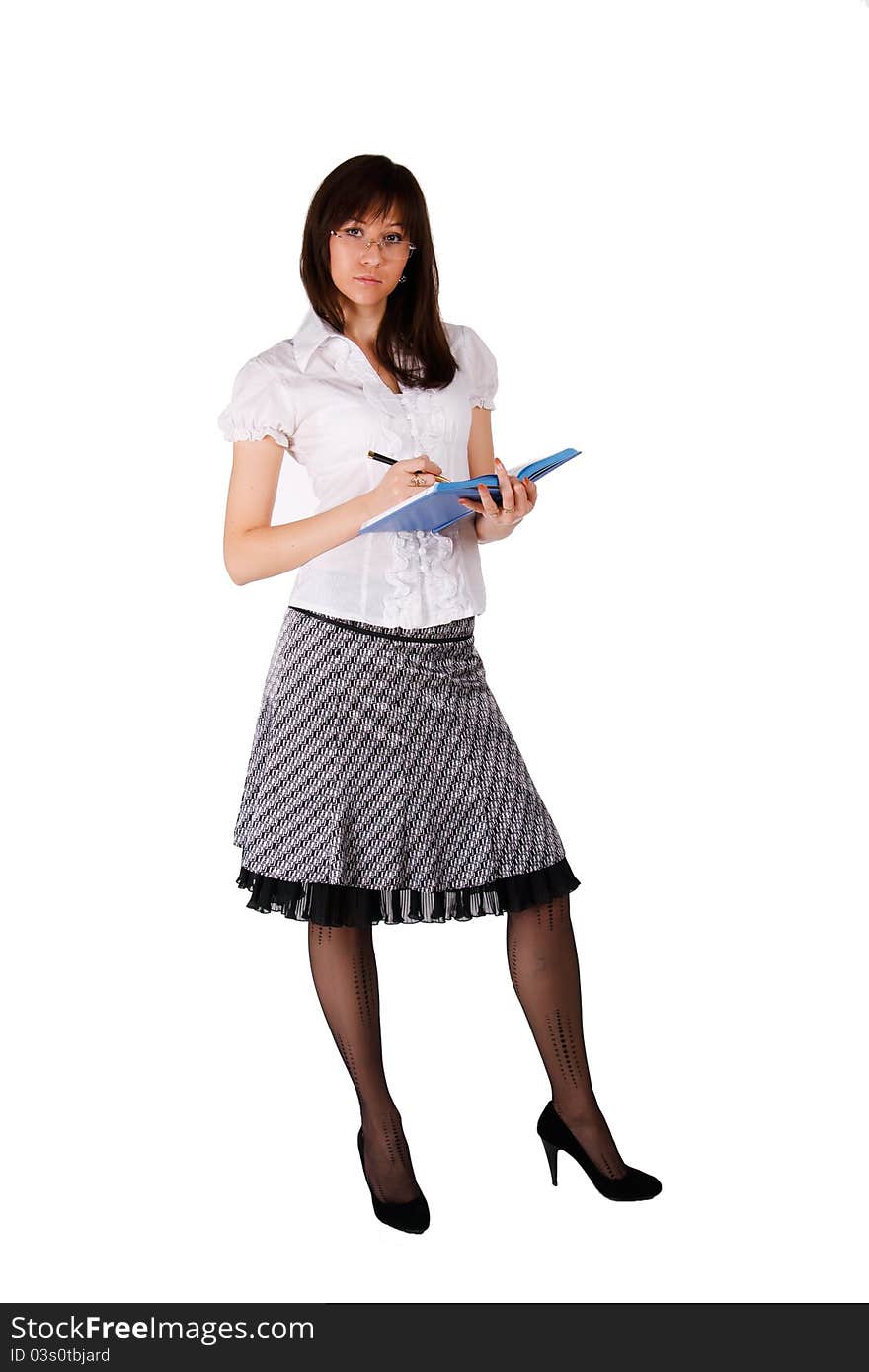 The woman in studio on a white background