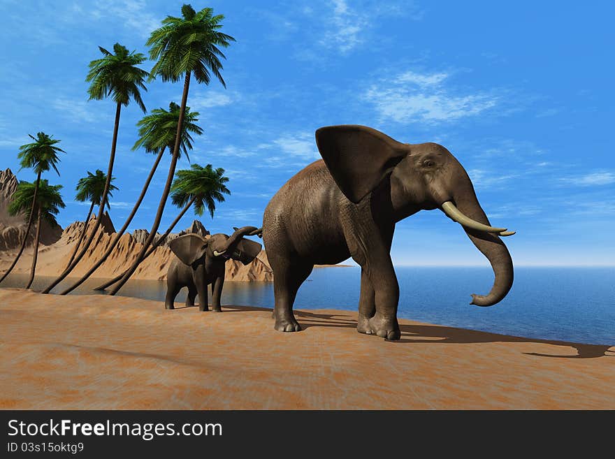 The group of elephants on the beach. The group of elephants on the beach.