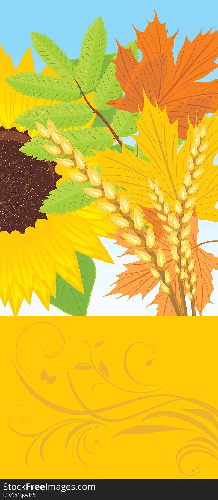 Abstract autumn banner with leaves, sunflower and wheat ears. Illustration