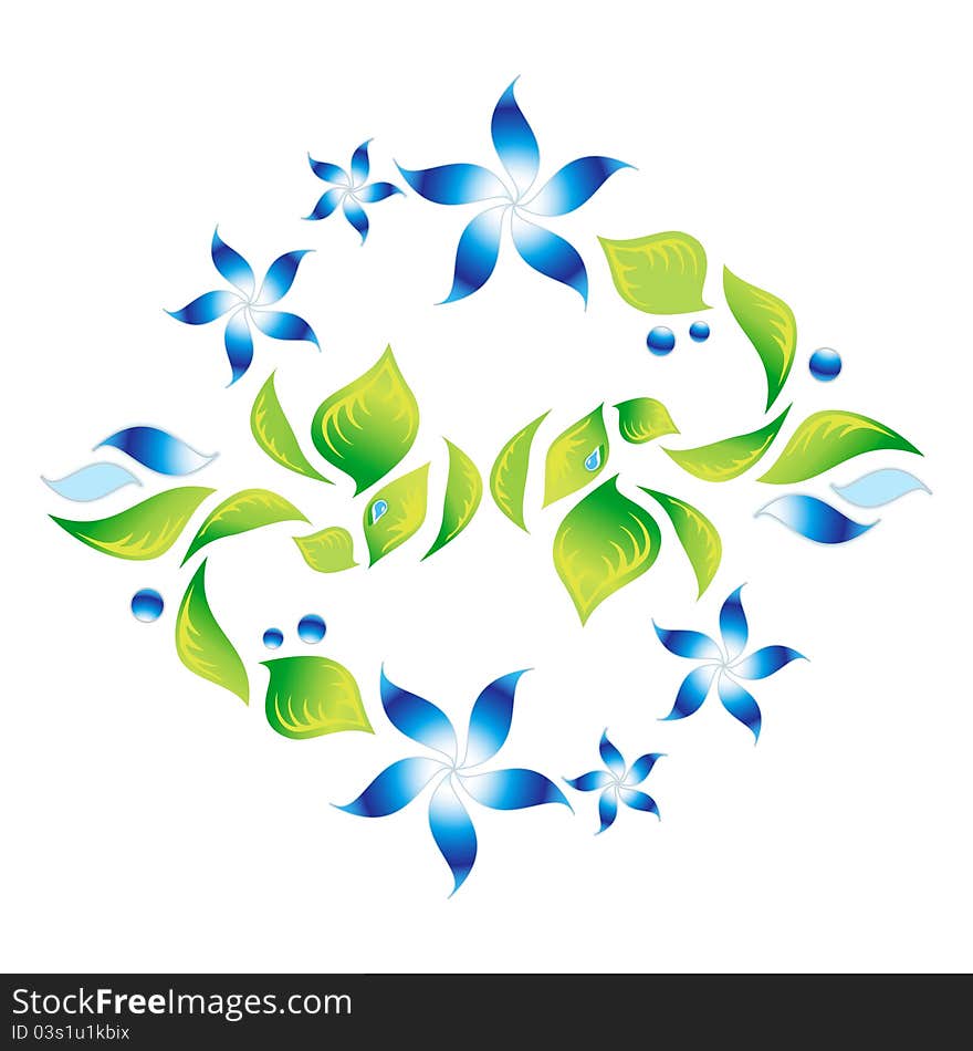 Element of an ornament with green foliage and blue flowers, vector. Element of an ornament with green foliage and blue flowers, vector