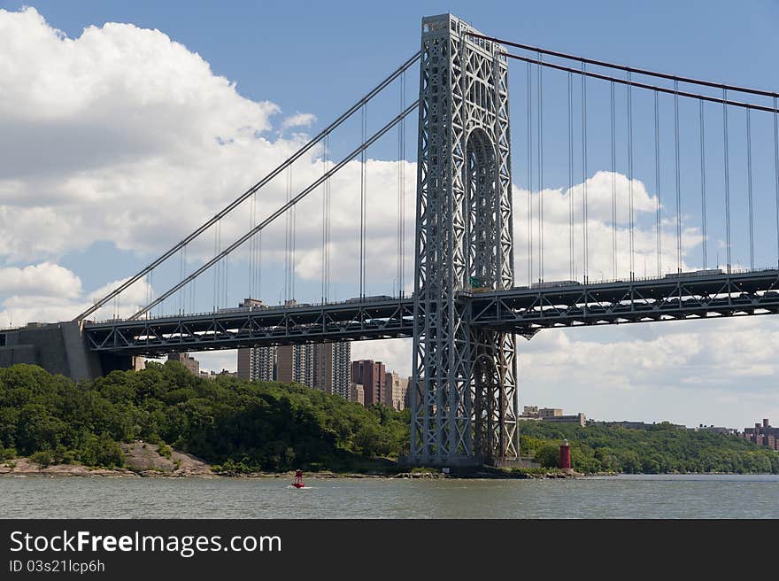 The George Washington Bridge spans across the Hudson River.