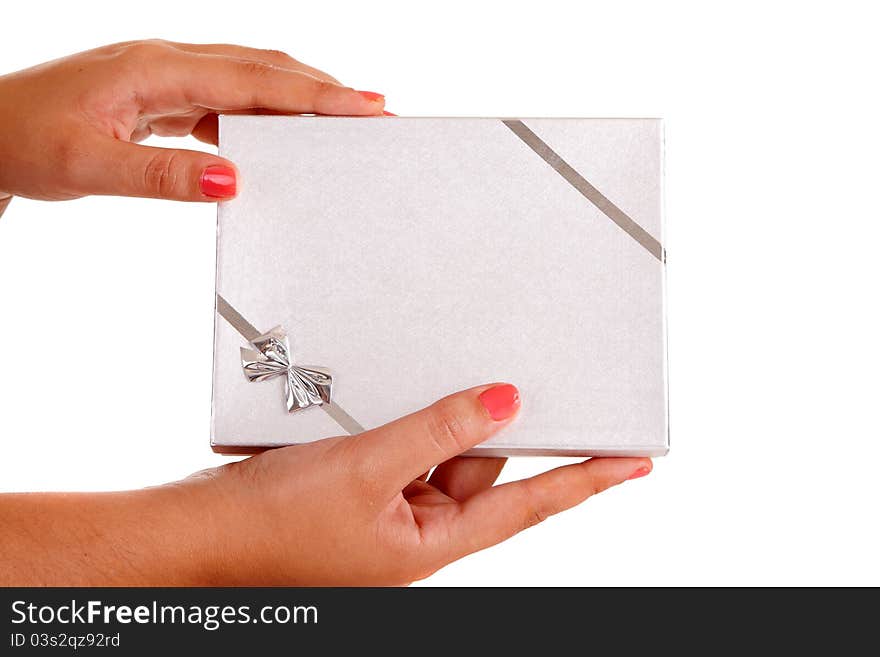 Woman holding beautiful gift, isolated over white