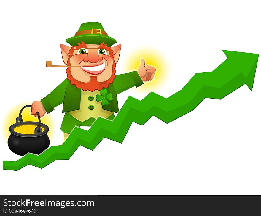 Lucky leprechaun with business prosperity arrow in vector