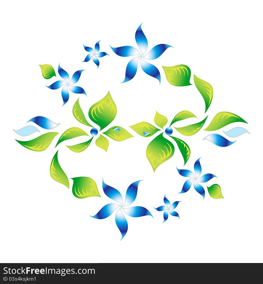 Element of an ornament with green foliage and blue flowers, vector. Element of an ornament with green foliage and blue flowers, vector