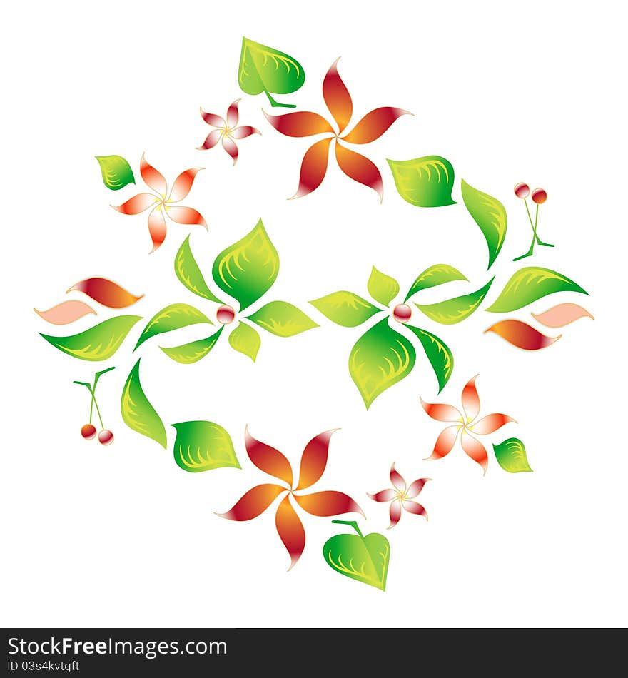 Element of an ornament with foliage, red flowers and cherry, vector. Element of an ornament with foliage, red flowers and cherry, vector