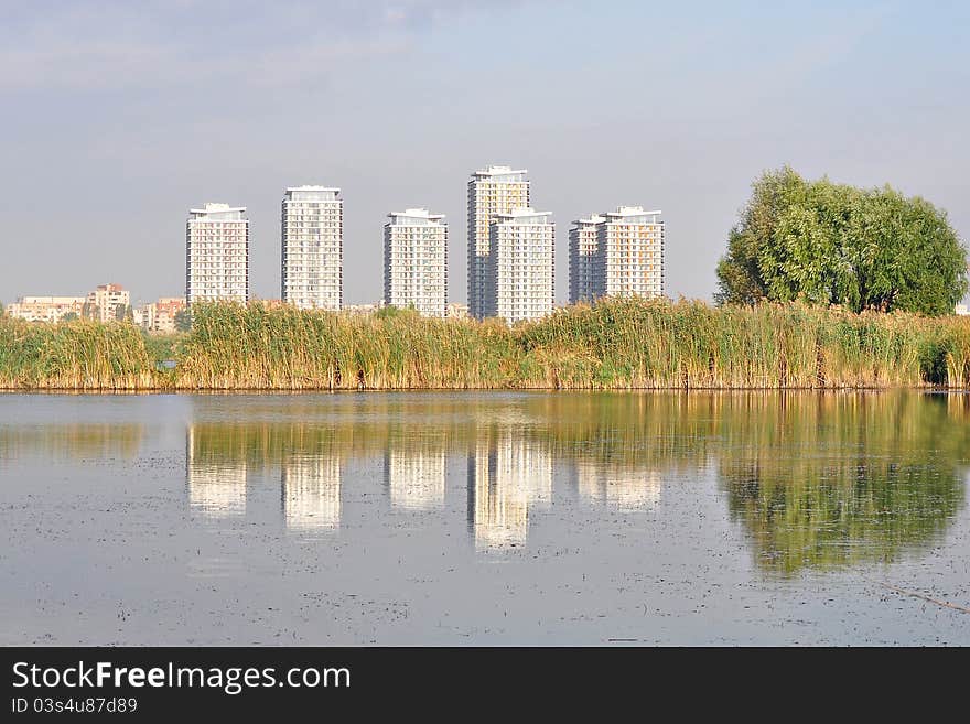 Modern buildings near a lake