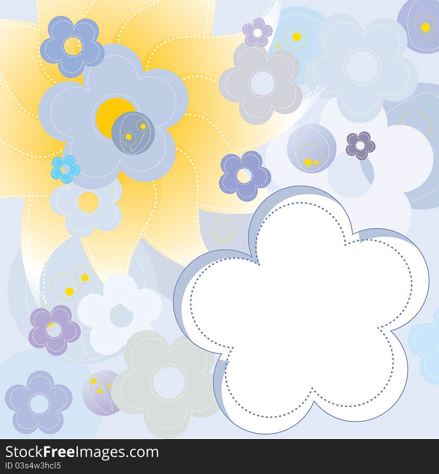 Joyful sunny square card with flowers in blue, violet and yellow