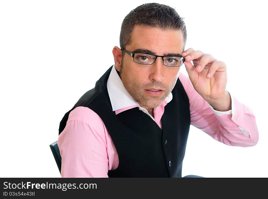 A business man with glasses on white background. A business man with glasses on white background