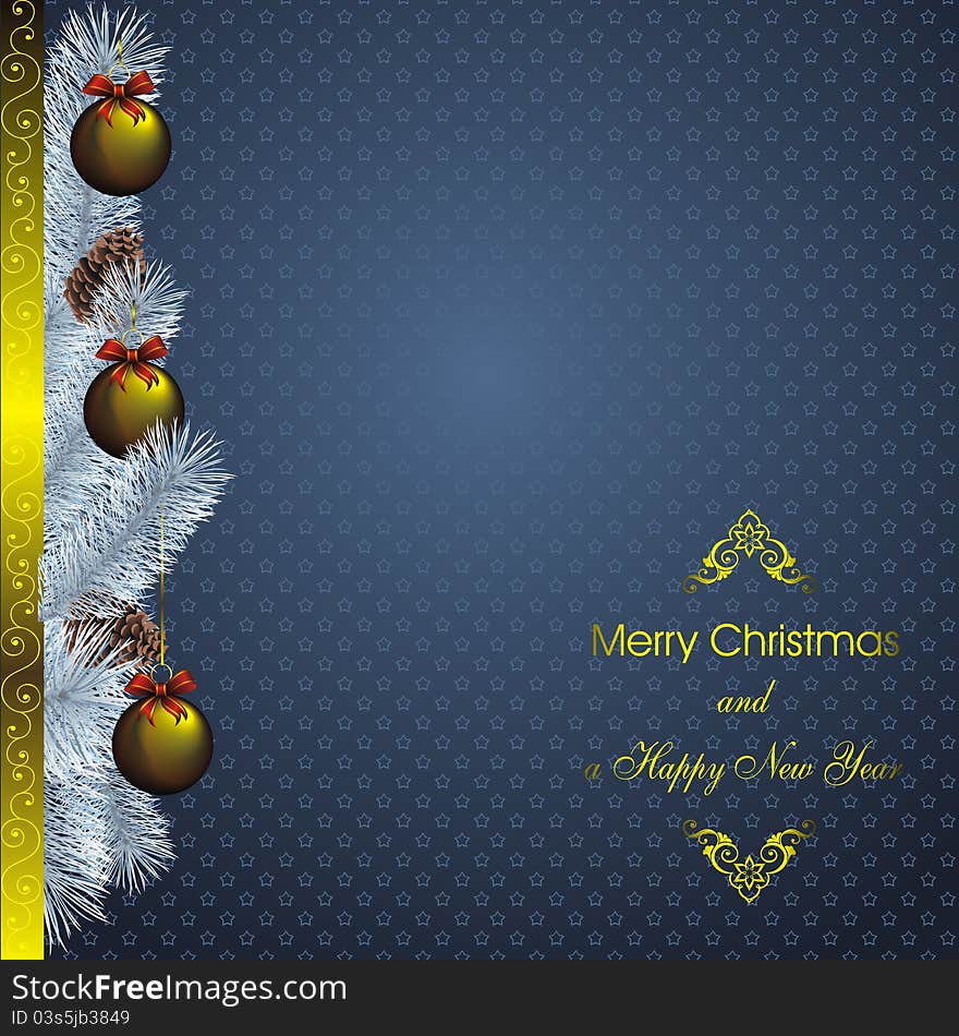 New year card with blue fir and golden christmas decorations. New year card with blue fir and golden christmas decorations