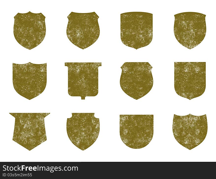 A set of distressed shield icons. A set of distressed shield icons