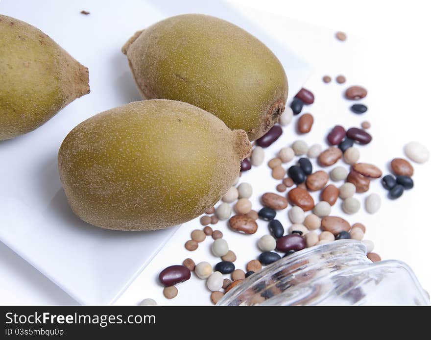 Close-up kiwi and cooking beans. Close-up kiwi and cooking beans