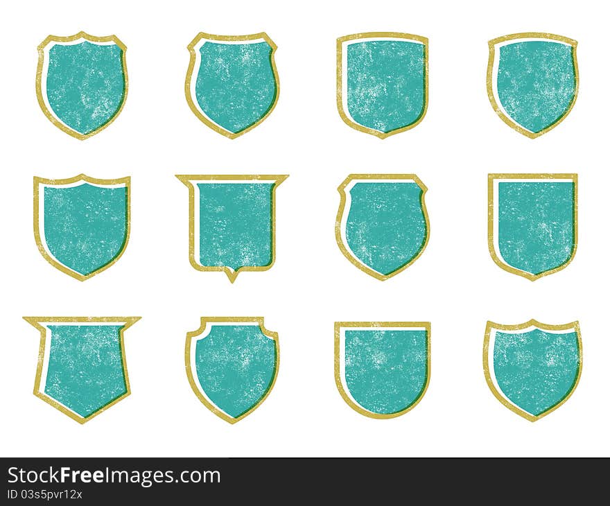 A set of distressed shield icons. A set of distressed shield icons