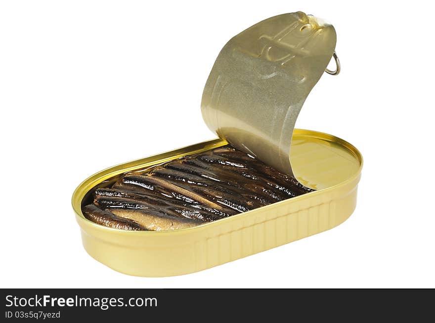 Opened metal can  with  fish