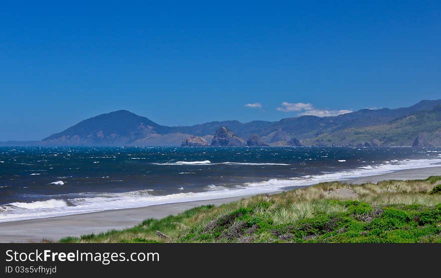 Shore and surf along the Oregon coast.