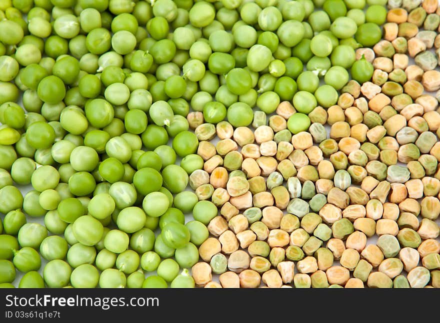 Mix of fresh green peas and yellow dried peas. Mix of fresh green peas and yellow dried peas