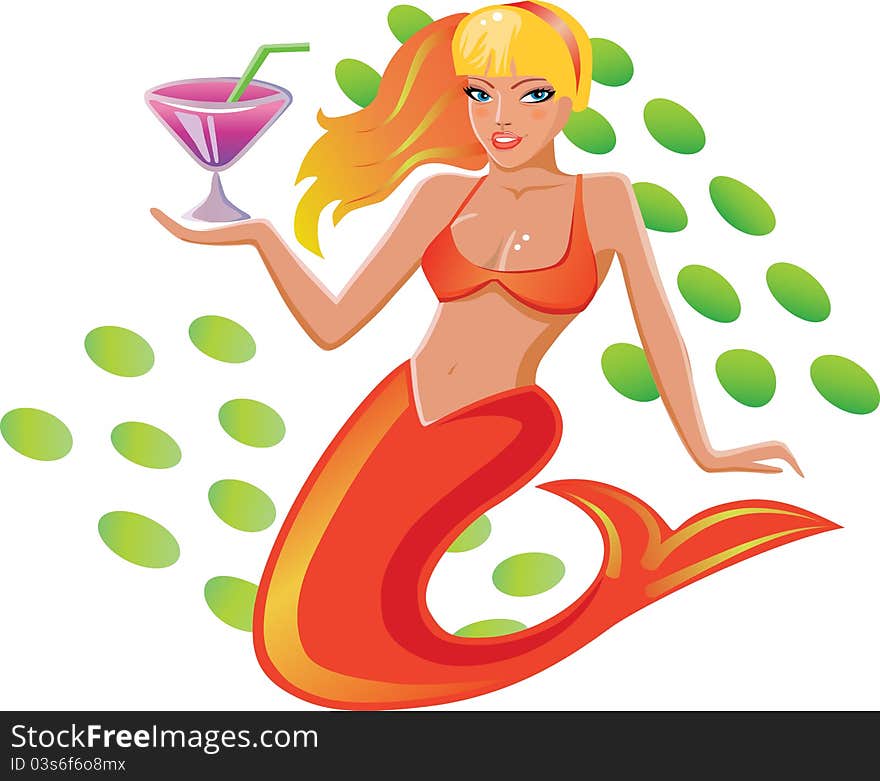 Sitting mermaid holding a cocktail. Have a rest! Cheers! Vector image isolated on white. Sitting mermaid holding a cocktail. Have a rest! Cheers! Vector image isolated on white.