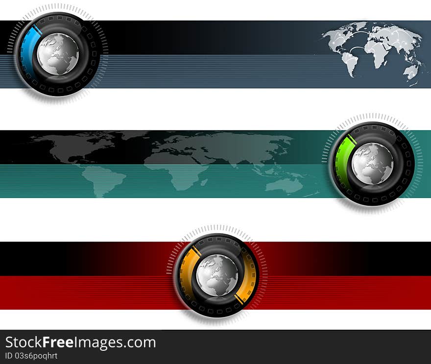 Three technological banners or backgrounds with globe and map. Three technological banners or backgrounds with globe and map