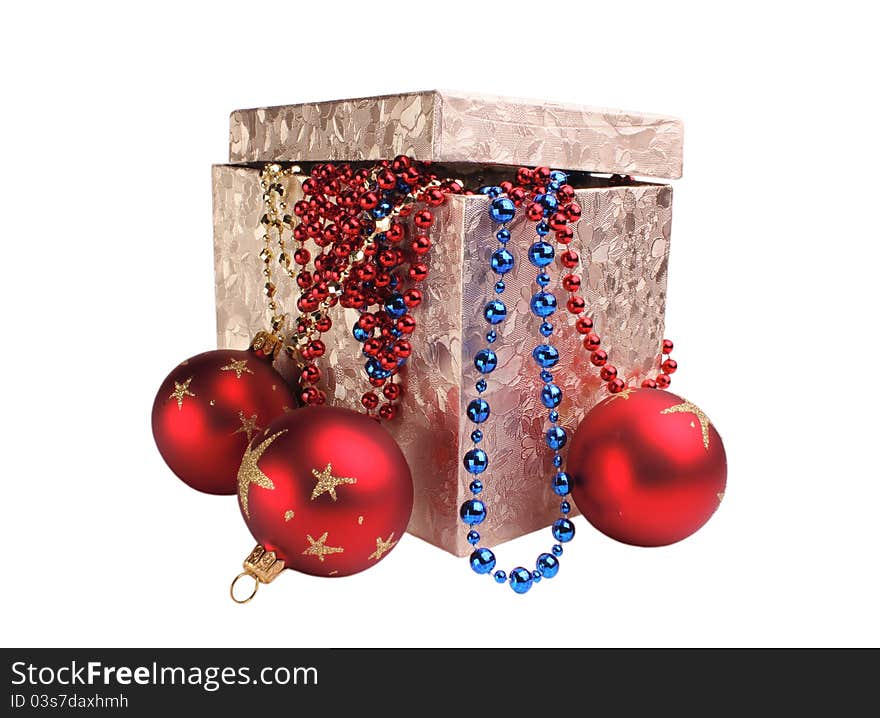 Box and Christmas decorations isolated on white. Box and Christmas decorations isolated on white