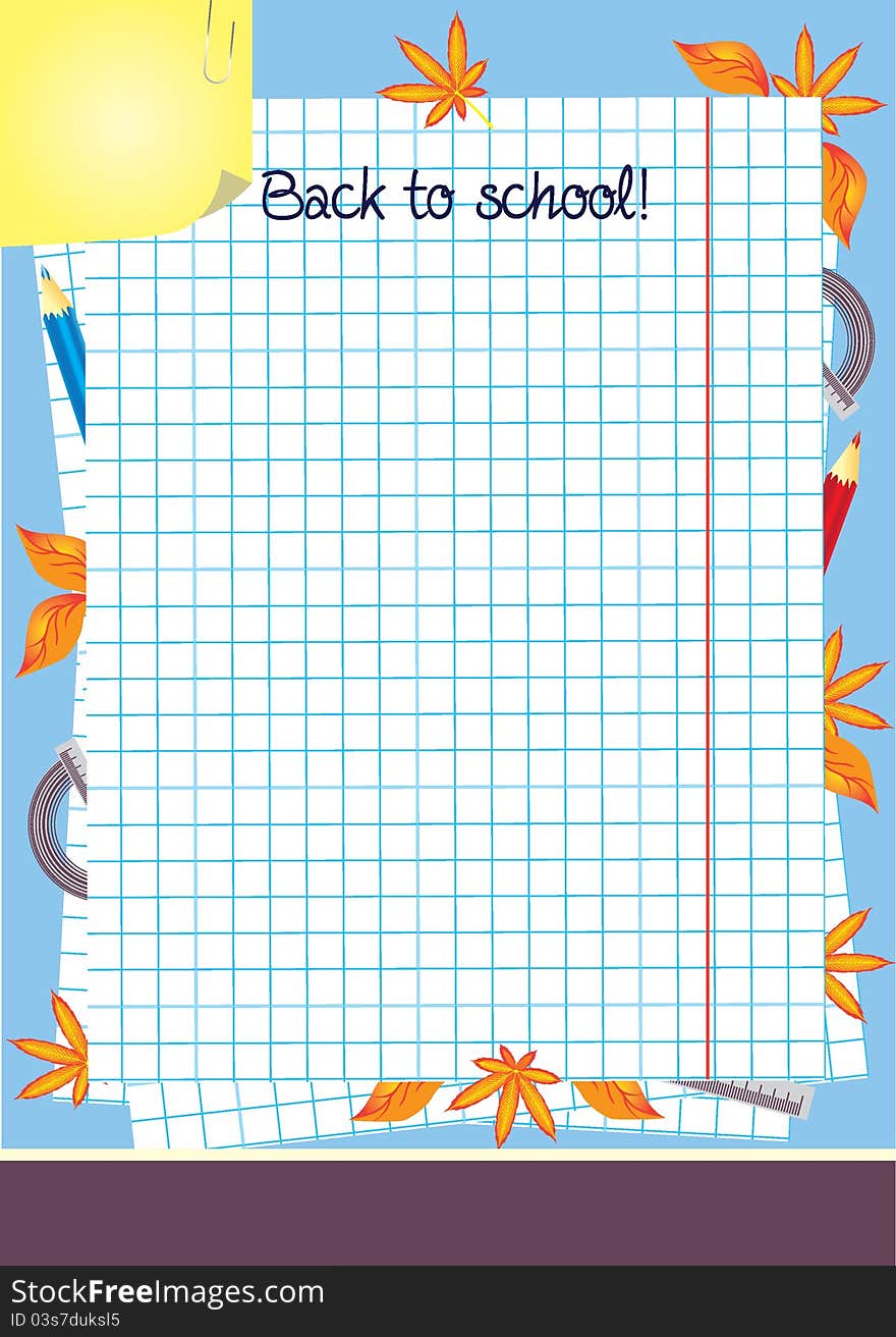 Blue Back to school template with pencil and leaves. Blue Back to school template with pencil and leaves.