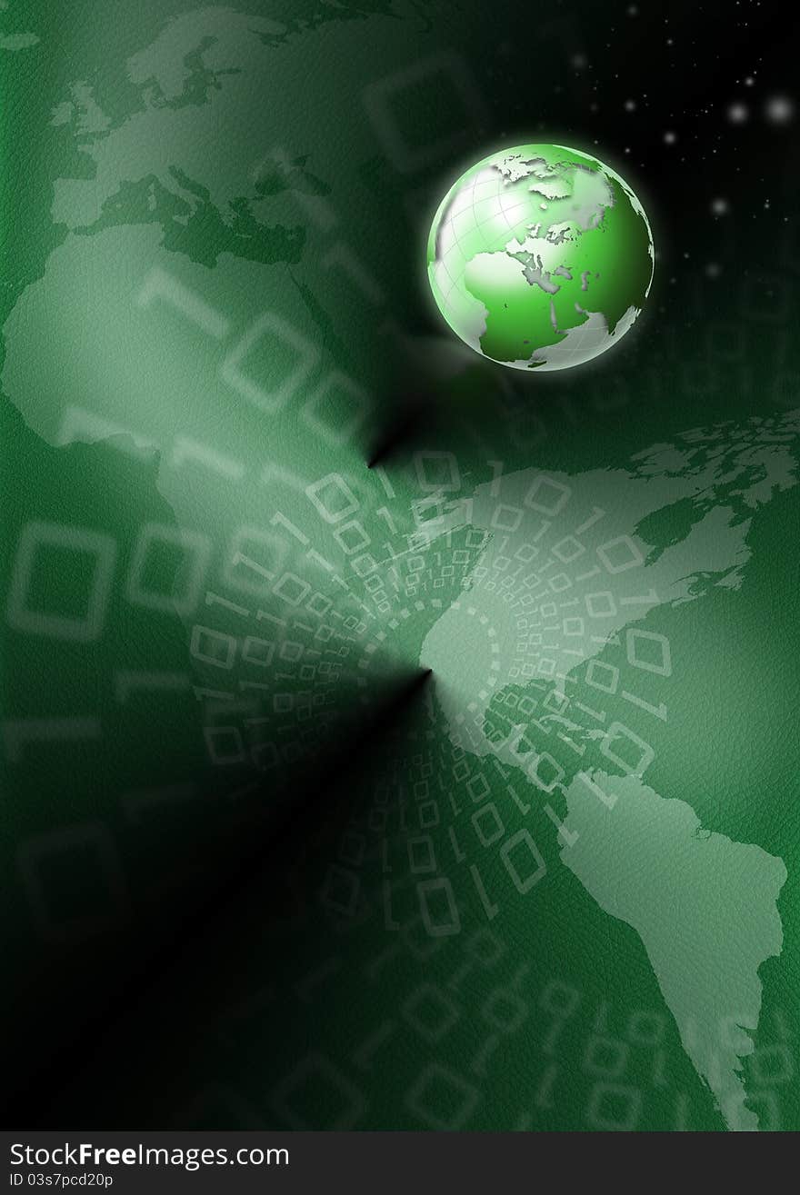 Background green skin with a world map, globe and binary code. Background green skin with a world map, globe and binary code