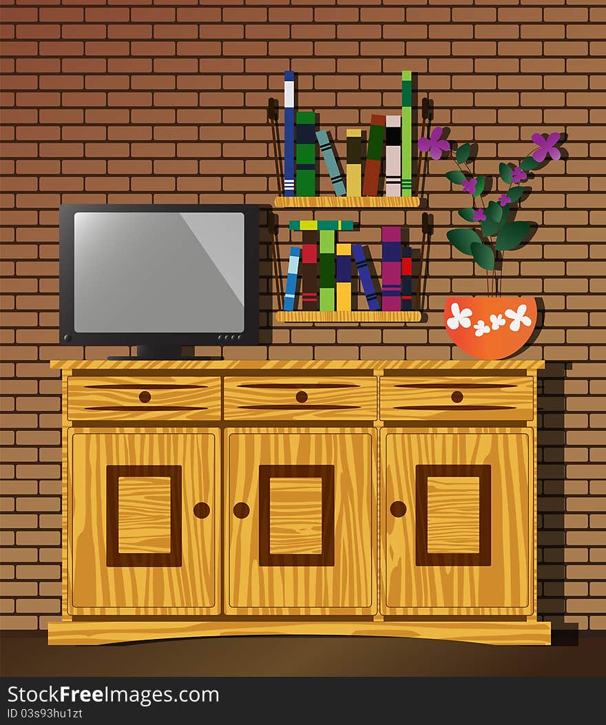 Living room with dresser, television, bookshelf and flowers