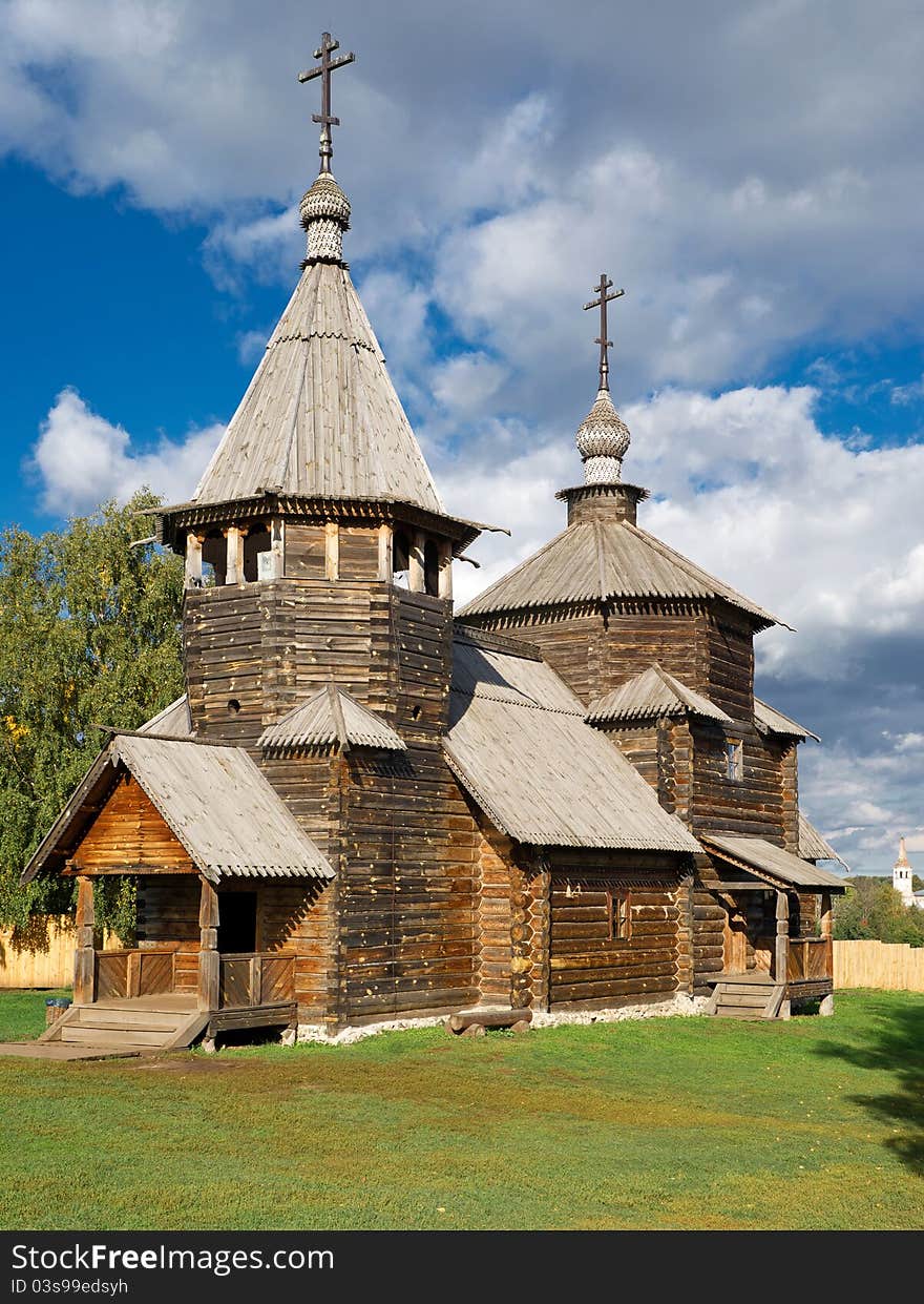 The traditional russian wooden church for tourists in the Suzdal ancient town