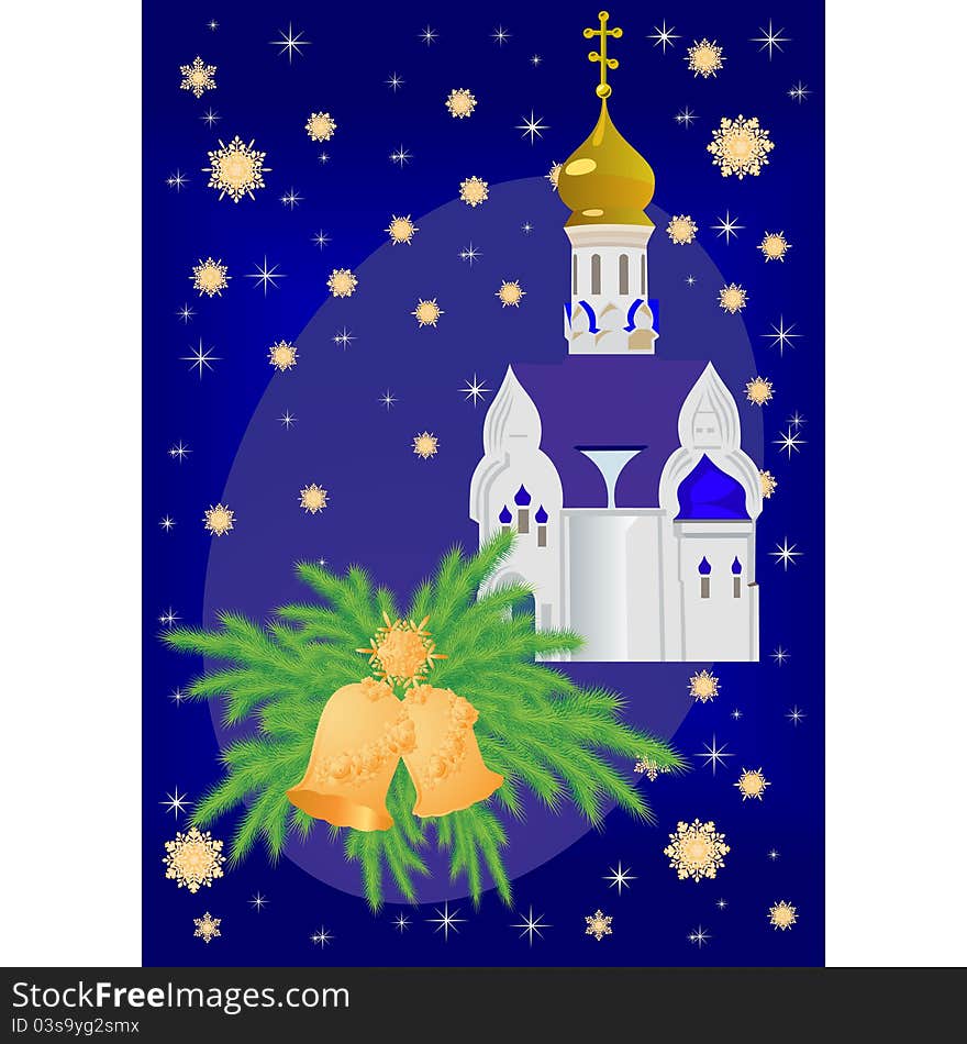 Christmas bells in a frame of fir branches on the background of the church and the falling flakes of gold abstract. Christmas bells in a frame of fir branches on the background of the church and the falling flakes of gold abstract