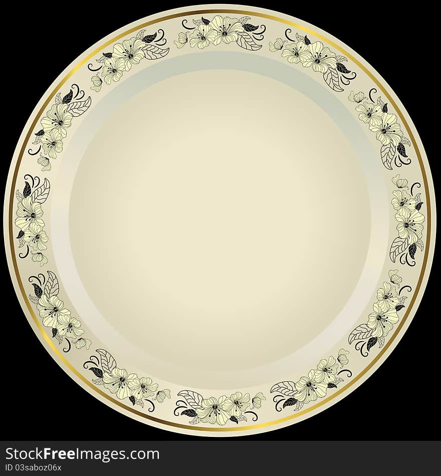 White plate with floral border and gold line