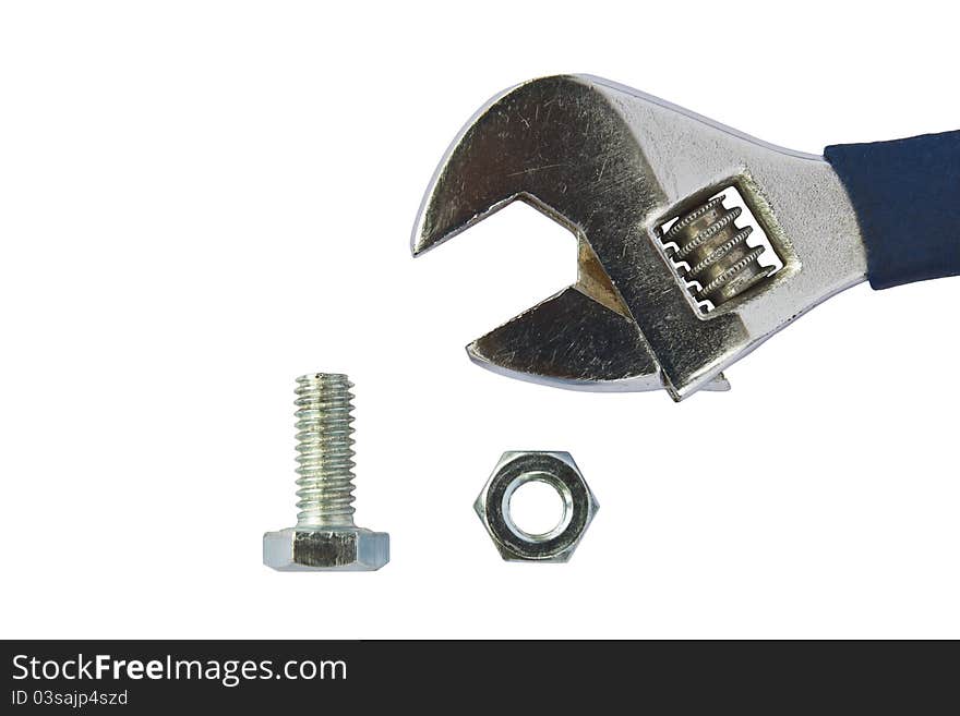 Wrench Bolt And Nut On White Background