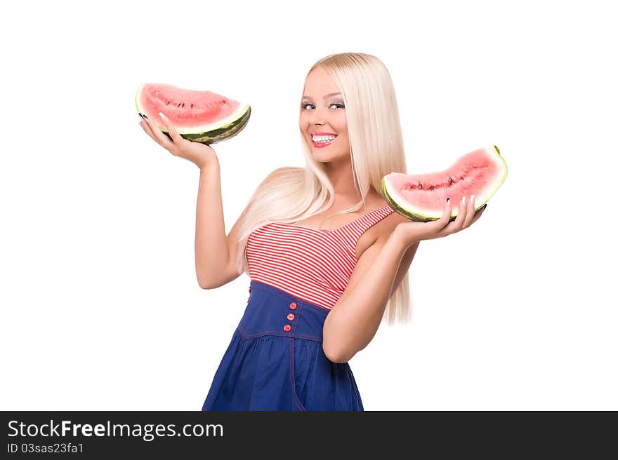 Beautiful young woman eat juicy watermelon. over white. Beautiful young woman eat juicy watermelon. over white