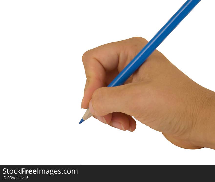 Hand with pencil on the white background