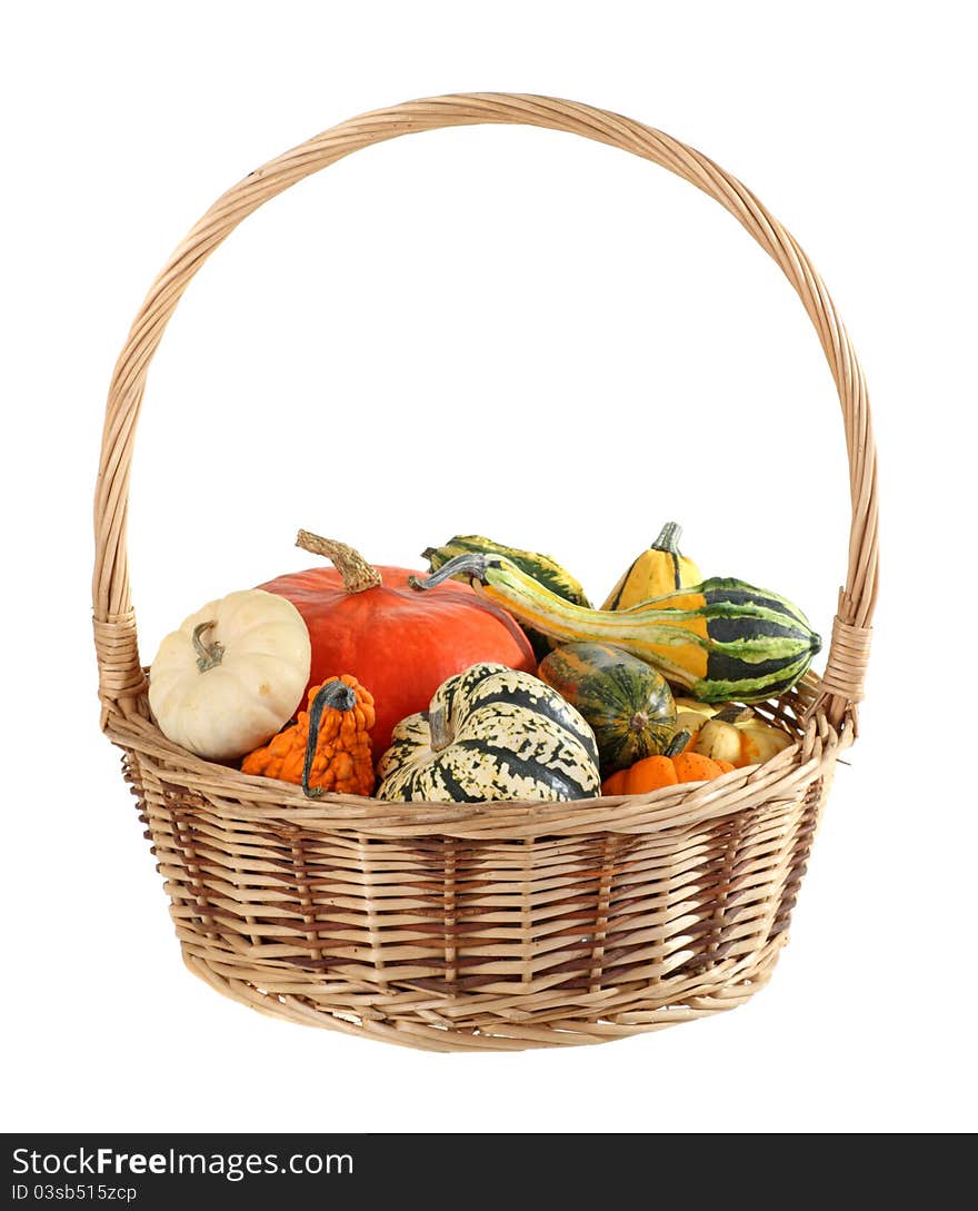 Basket of assorted gourds isolated on white. Basket of assorted gourds isolated on white