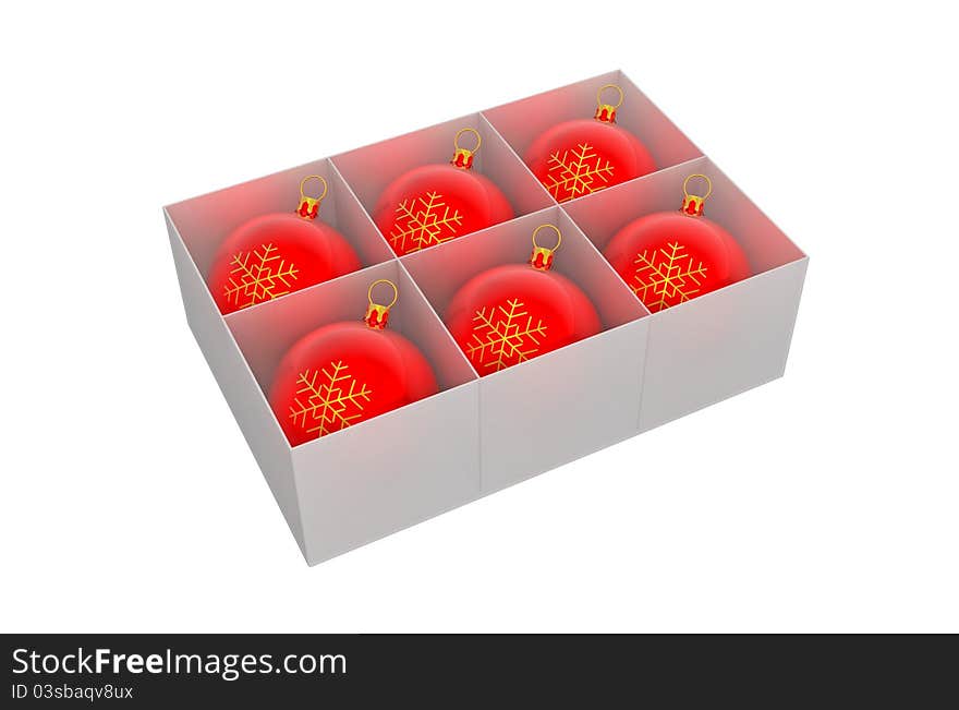 Box with Christmas balls isolated on white