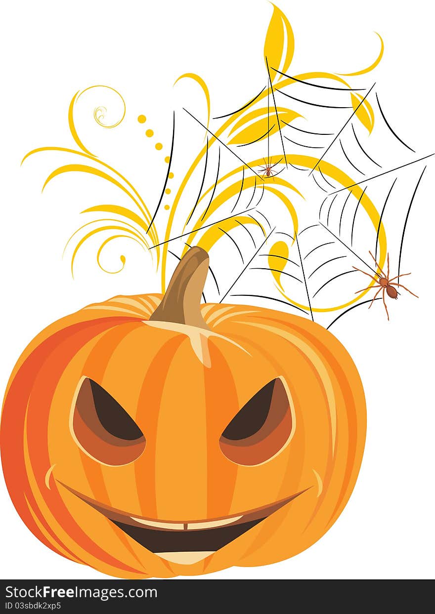 Halloween pumpkin with spiders. Illustration