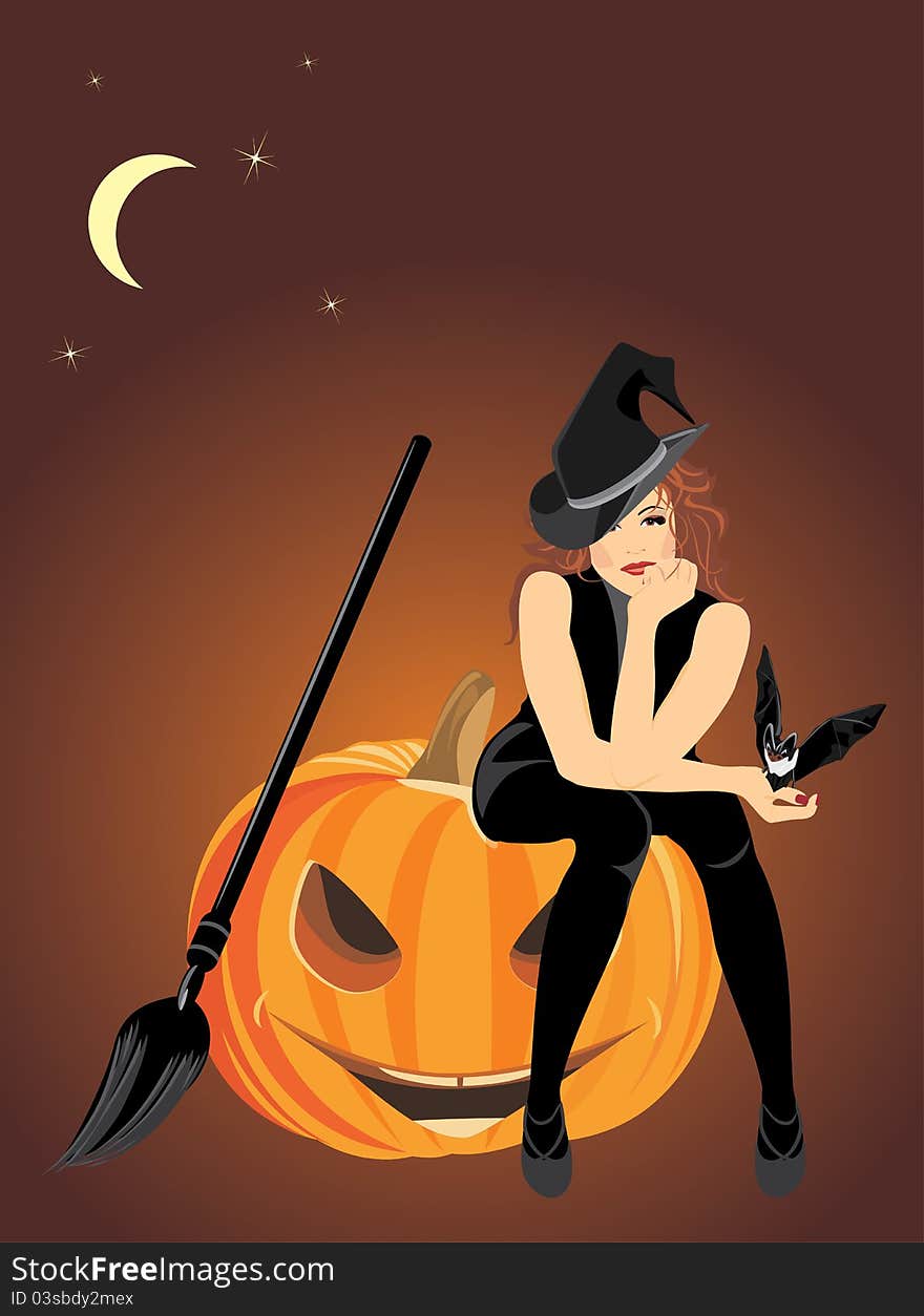 Sitting witch on the halloween pumpkin. Illustration