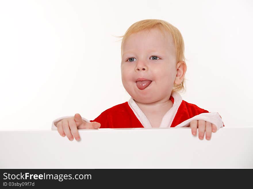 Child dressed as Santa Claus on a white background