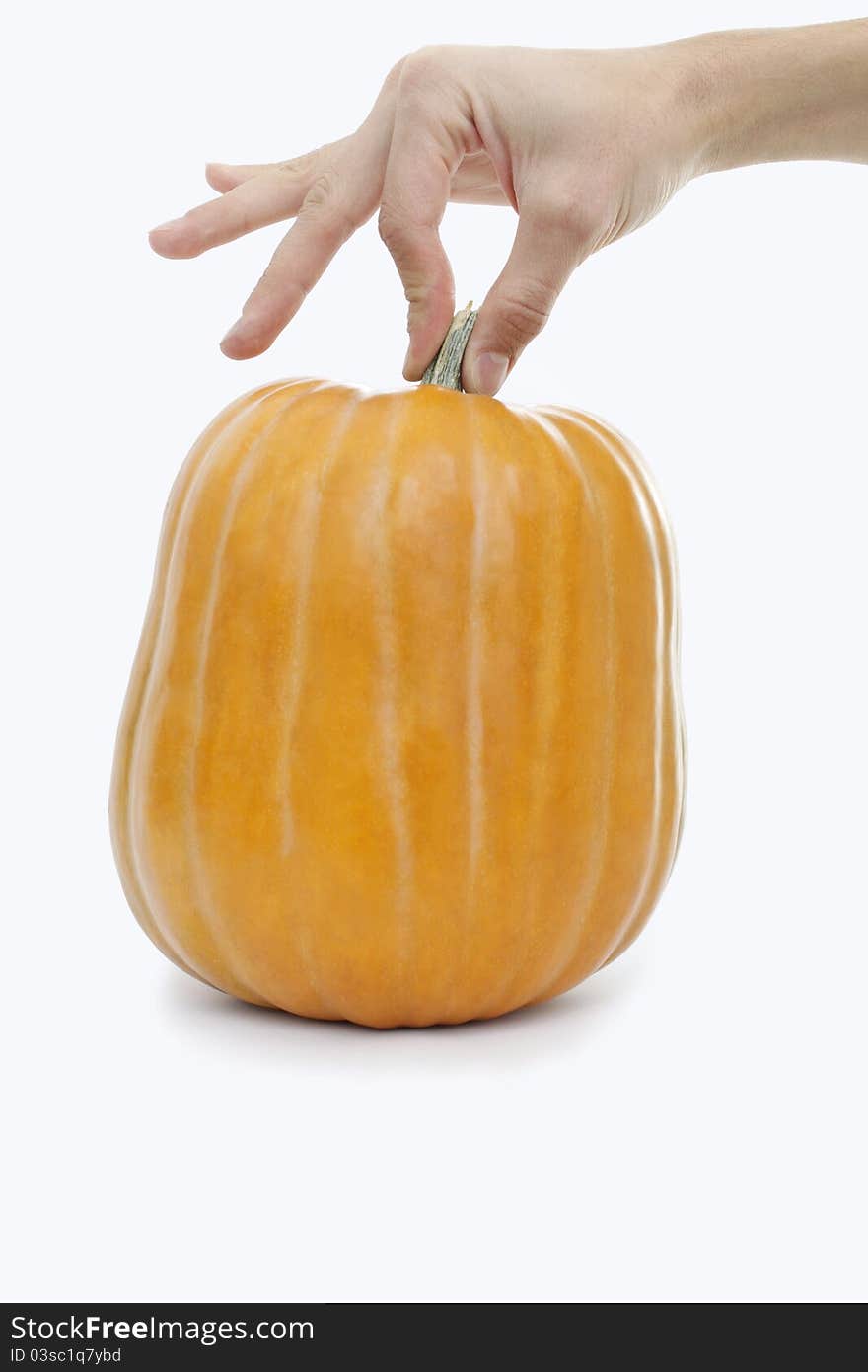 Hand holding a pumpkin by the stalk by two fingers. Isolated on white. Hand holding a pumpkin by the stalk by two fingers. Isolated on white.