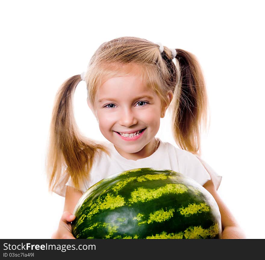 Little girl eating big piece of watermelon isolated on white