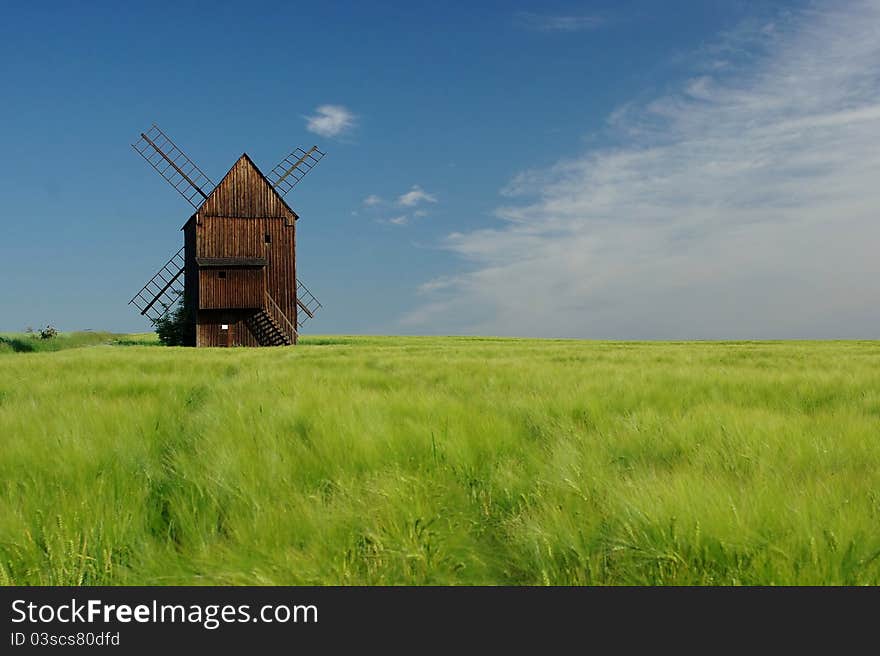 Old windmill standing in a field.Silesian,North Moravia,Czech republic.