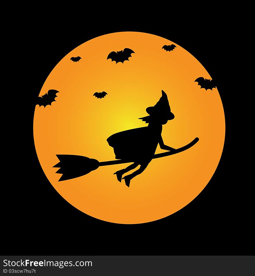 Halloween bat witch on broomstick