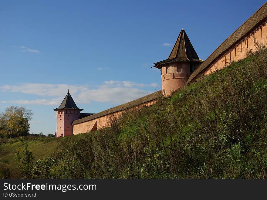 The wall of the monastery on the bank of the river in Suzdal, Russia. The wall of the monastery on the bank of the river in Suzdal, Russia