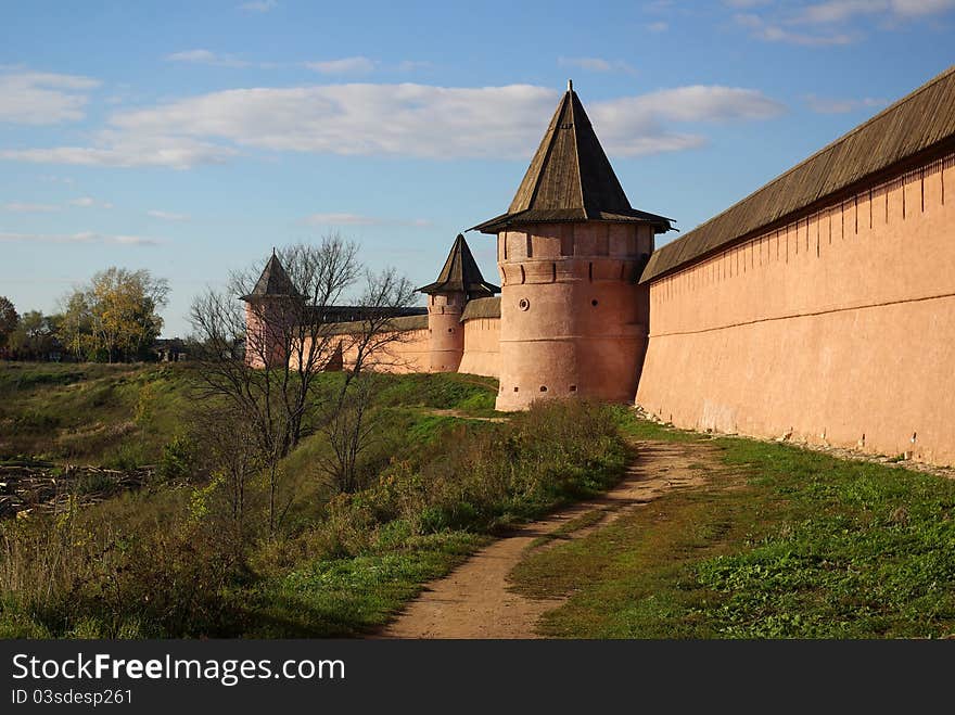 The wall of the monastery on the bank of the river in Suzdal, Russia. The wall of the monastery on the bank of the river in Suzdal, Russia