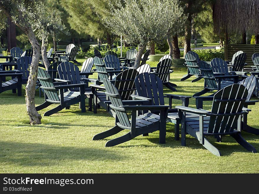 Tables and chairs for a picnic in the open air. Tables and chairs for a picnic in the open air