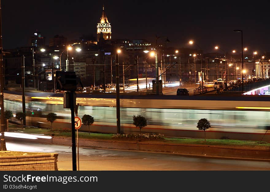 Galata Bridge with Galata Tower at night, Istanbul.