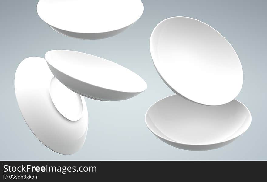 White Sphere Dish plate fall and Spread on white background. 3d model illustration. White Sphere Dish plate fall and Spread on white background. 3d model illustration