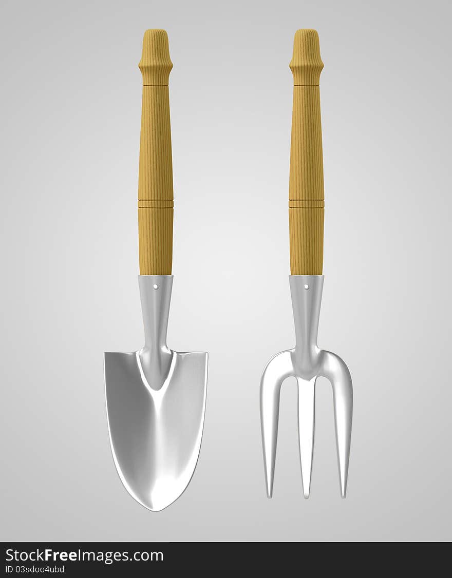 Tools Chrome Rack & Trowel front view on gray background. illustration 3d model. Tools Chrome Rack & Trowel front view on gray background. illustration 3d model