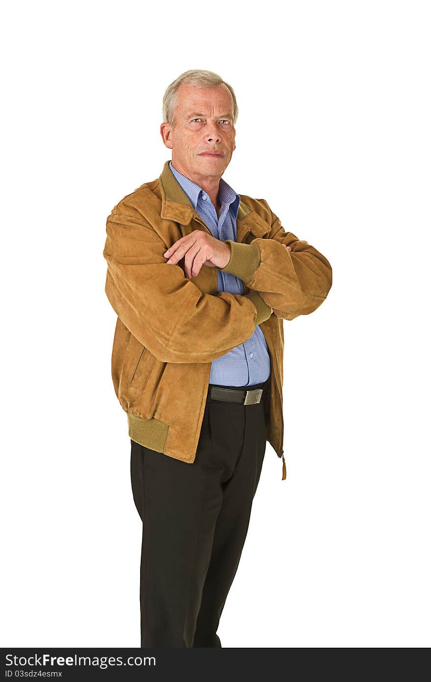 Senior man standing and waiting. Over a white background